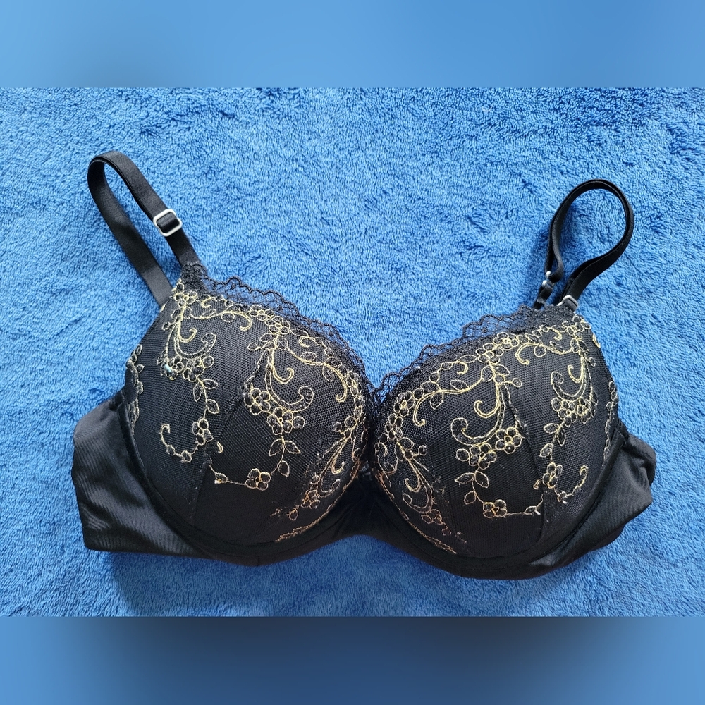 Aerie Padded Underwire Black Bra with Gold Embroidery, 32B